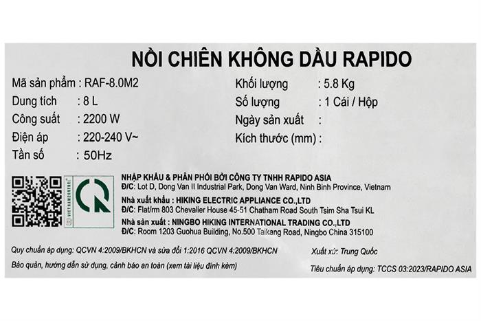 Nồi chiên không dầu Rapido 8 lít RAF-8.0M2 Màu Đen