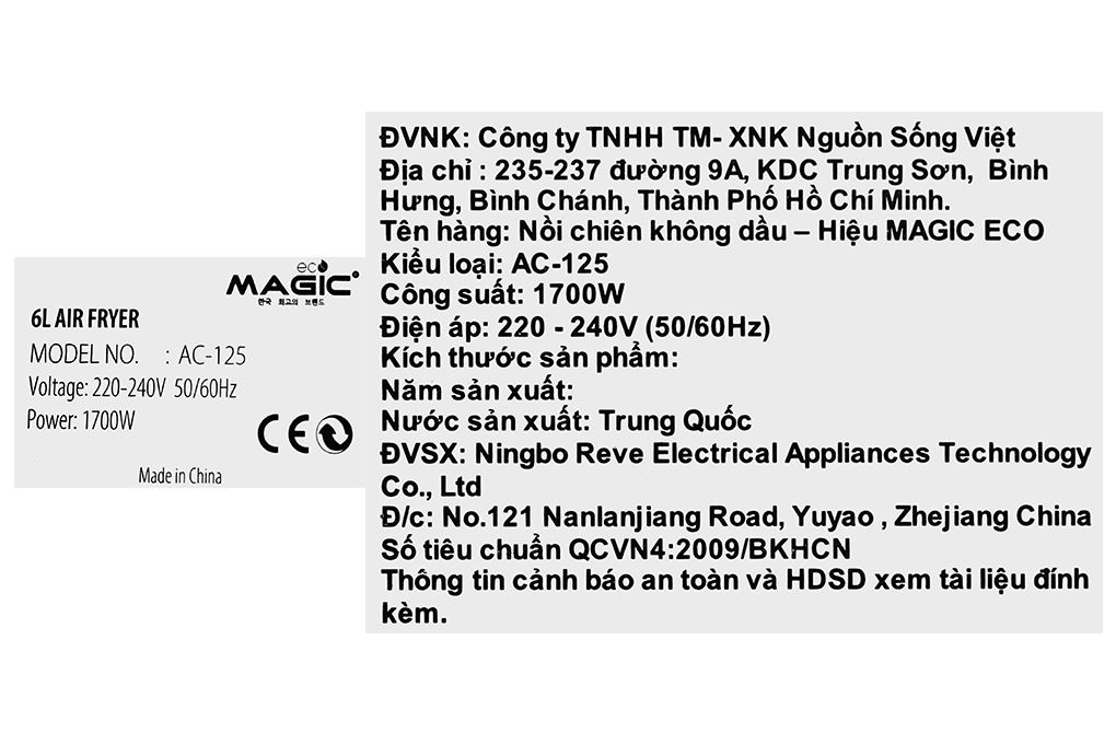 Nồi chiên không dầu Magic Eco 6 lít AC-125 Màu Kem