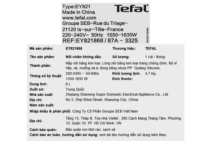 Nồi chiên không dầu Tefal Window 6 lít EY821868 Màu Đen