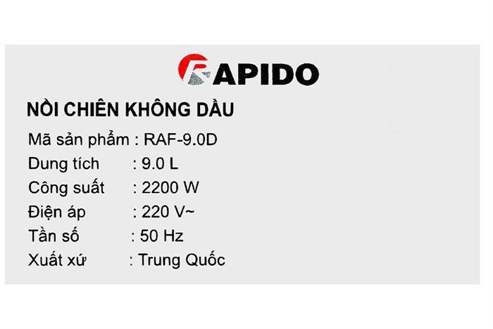 Nồi chiên không dầu Rapido 9 lít RAF-9.0D 2M Màu Đen