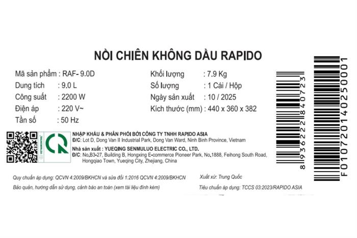 Nồi chiên không dầu Rapido 9 lít RAF-9.0D 2M Màu Đen