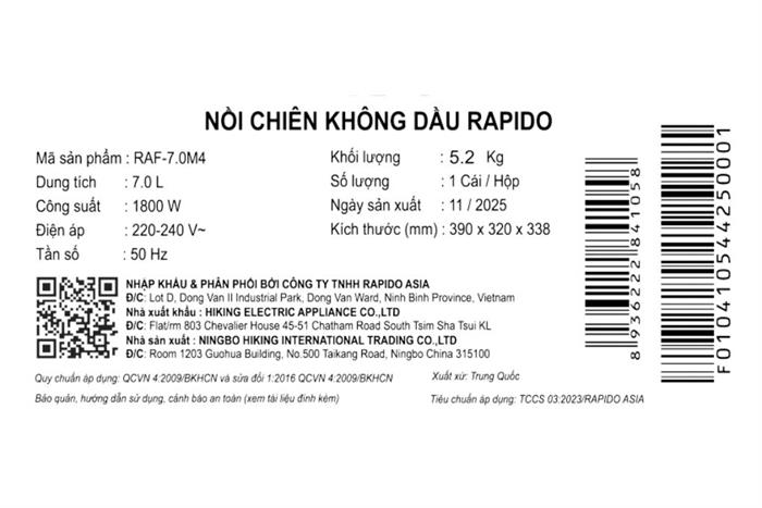 Nồi chiên không dầu Rapido 7 lít RAF-7.0M4 2M