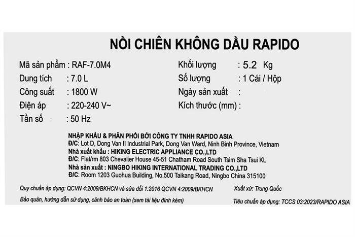 Nồi chiên không dầu Rapido 7 lít RAF-7.0M4 2M Màu Đen