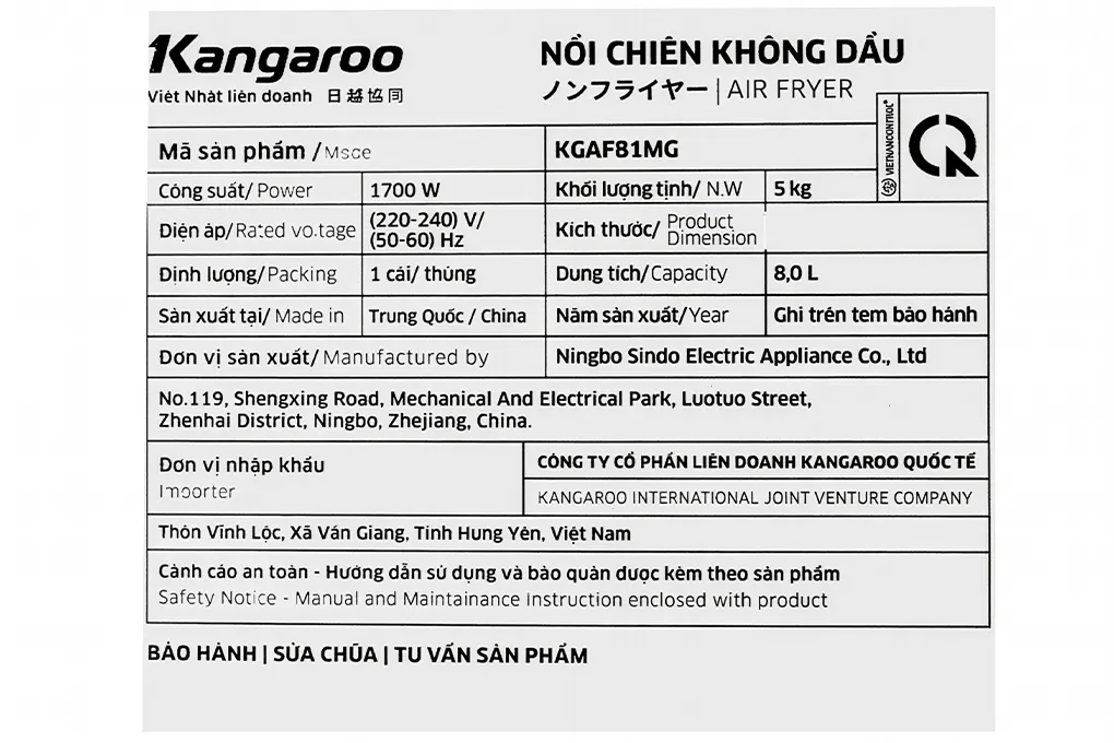 Nồi chiên không dầu Kangaroo 8 lít KGAF81MG Màu Đen