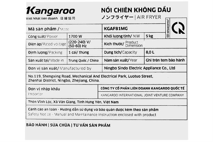 Nồi chiên không dầu Kangaroo 8 lít KGAF81MG Màu Đen