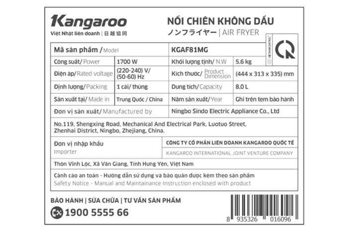 Nồi chiên không dầu Kangaroo 8 lít KGAF81MG Màu Đen