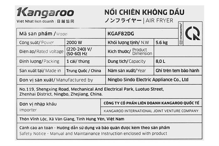 Nồi chiên không dầu Kangaroo 8 lít KGAF82DG Màu Đen