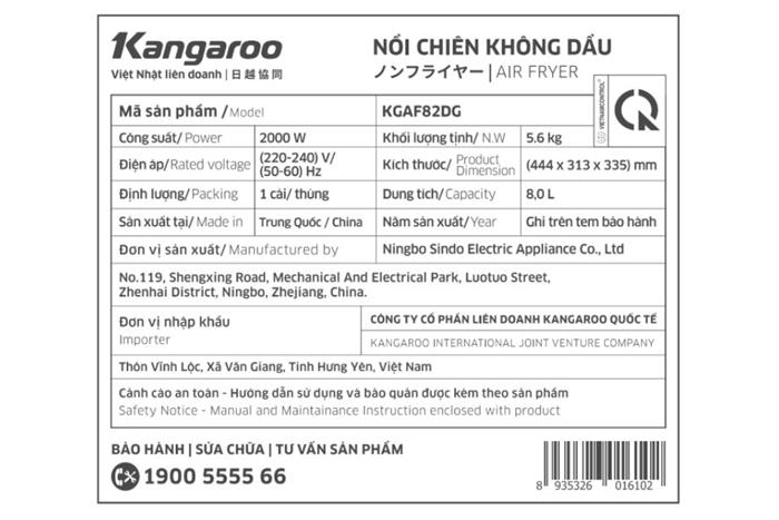 Nồi chiên không dầu Kangaroo 8 lít KGAF82DG Màu Đen