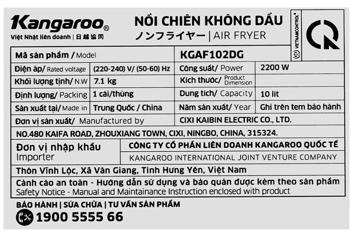 Nồi chiên không dầu Kangaroo 10 lít KGAF102DG Màu Đen