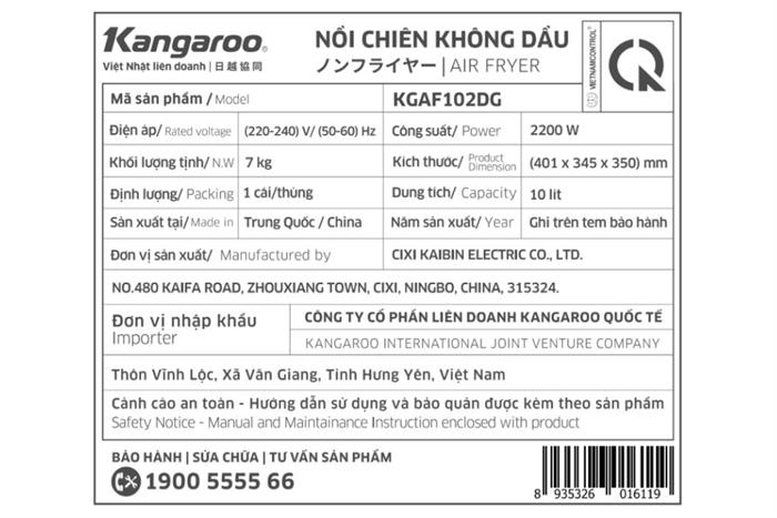 Nồi chiên không dầu Kangaroo 10 lít KGAF102DG Màu Đen