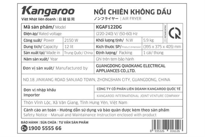 Nồi chiên không dầu Kangaroo 12 lít KGAF122DG Màu Trắng/Đen