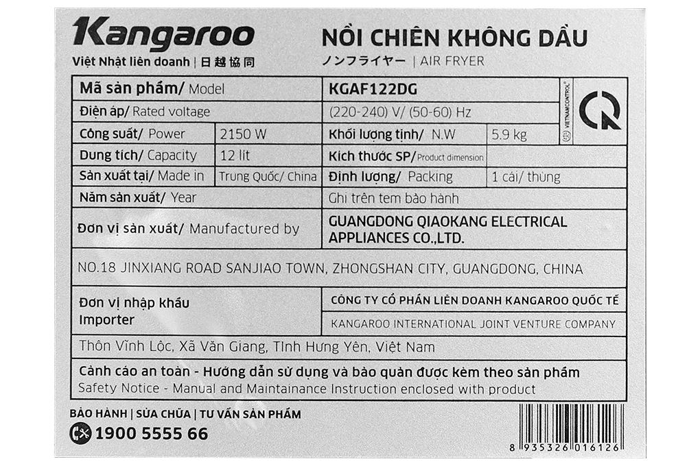 Nồi chiên không dầu Kangaroo 12 lít KGAF122DG Màu Trắng/Đen