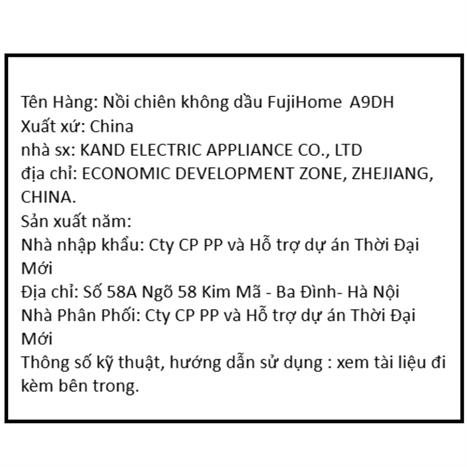Nồi chiên không dầu FUJIHOME 9 lít A9DH Màu Đen