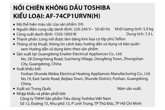 Nồi chiên không dầu Toshiba 7.4 lít AF-74CP1URVN(H) Màu Đen - Xám