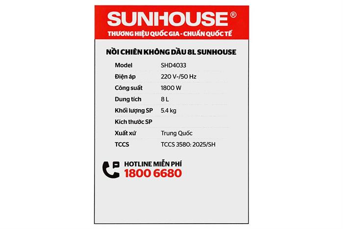Nồi chiên không dầu Sunhouse 8 lít SHD4033 Màu Đen