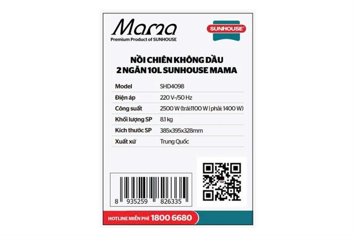 Nồi chiên không dầu Sunhouse 10 lít SHD4098 Màu Đen