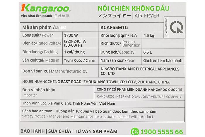 Nồi chiên không dầu Kangaroo 6.5 lít KGAF65M1G Màu Đen