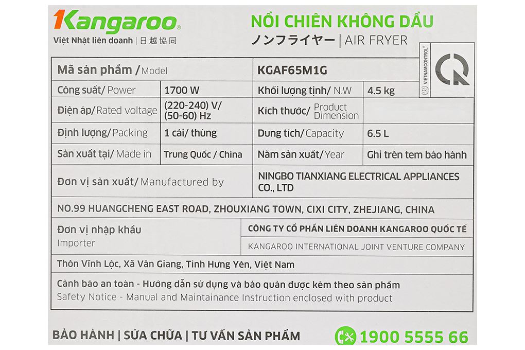 Nồi chiên không dầu Kangaroo 6.5 lít KGAF65M1G Màu Đen
