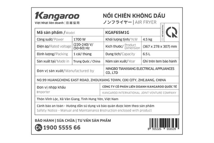 Nồi chiên không dầu Kangaroo 6.5 lít KGAF65M1G Màu Đen