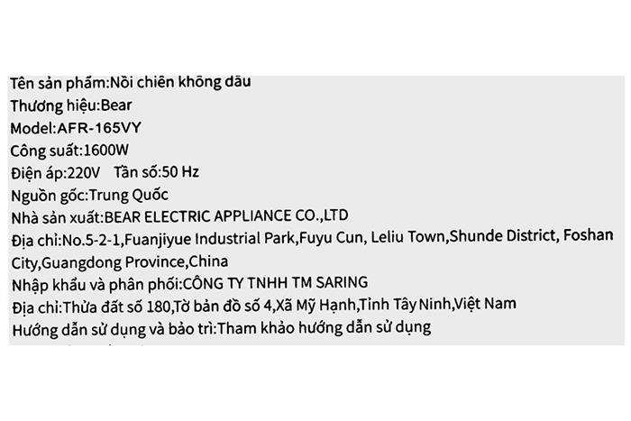 Nồi chiên không dầu Bear 6 lít AFR-165VY Màu Màu be