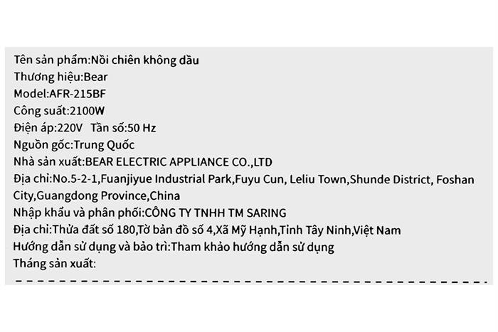 Nồi chiên không dầu Bear 9 lít AFR-215BF Màu Màu be
