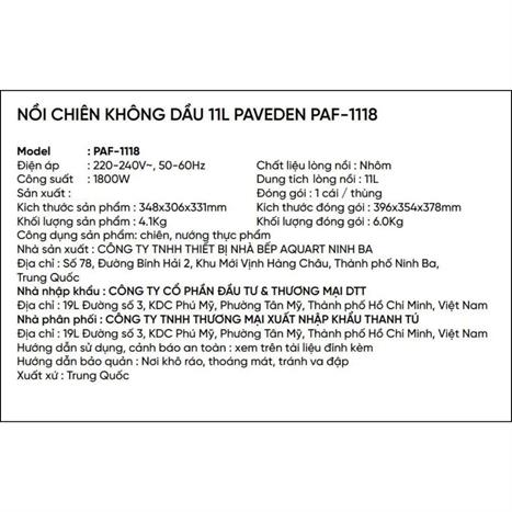 Nồi chiên không dầu Paveden 11 lít PAF-1118 Màu Đen