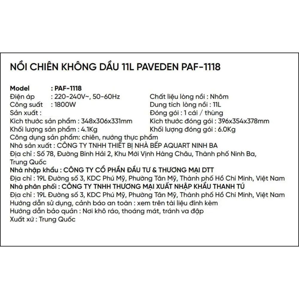 Nồi chiên không dầu Paveden 11 lít PAF-1118 Màu Đen