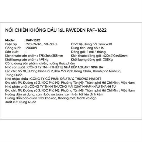 Nồi chiên không dầu Paveden 16 lít PAF-1622 Màu Đen