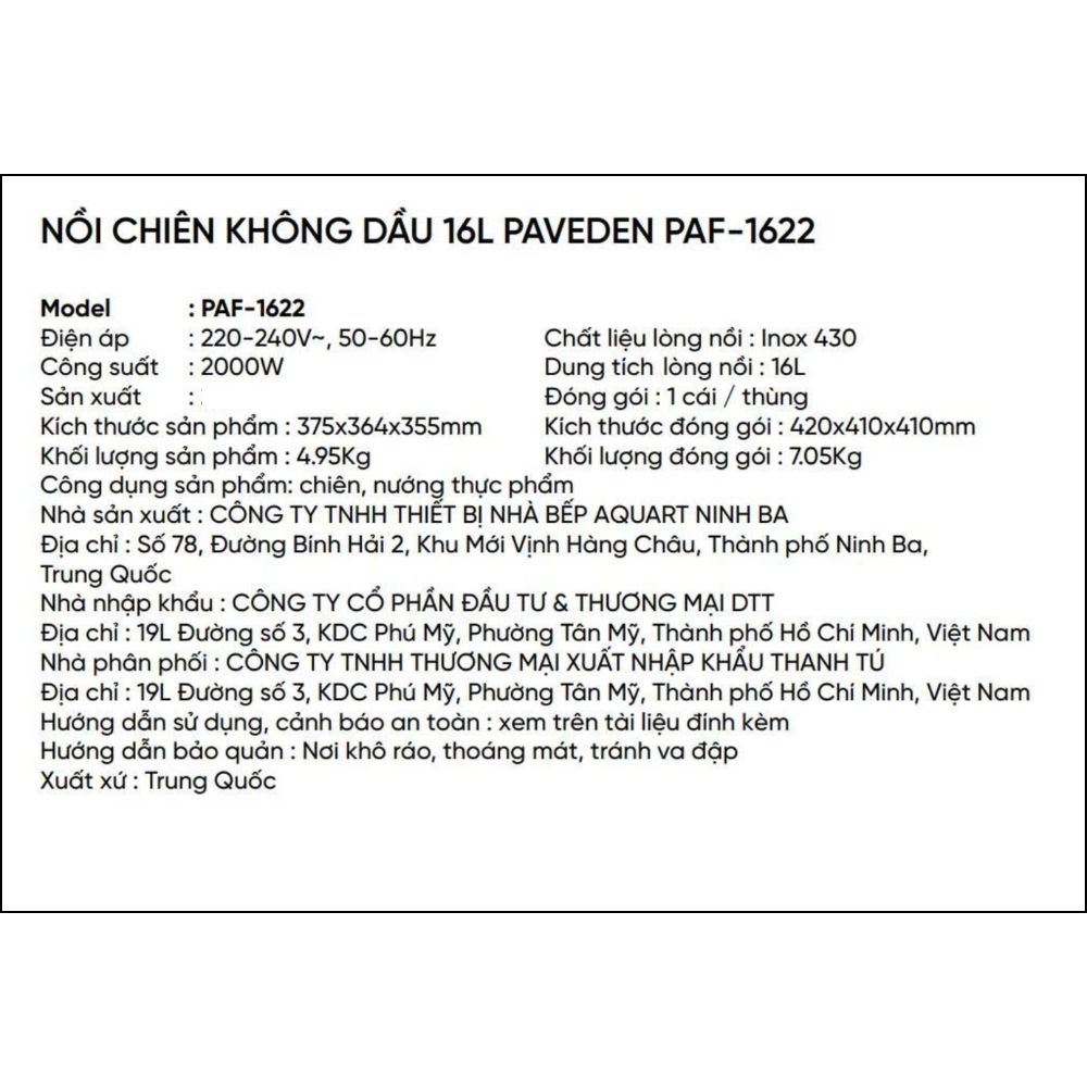 Nồi chiên không dầu Paveden 16 lít PAF-1622 Màu Đen