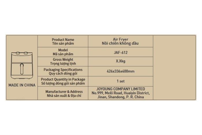 Nồi chiên không dầu Joyoung 6 lít JAF-612 Màu Đen