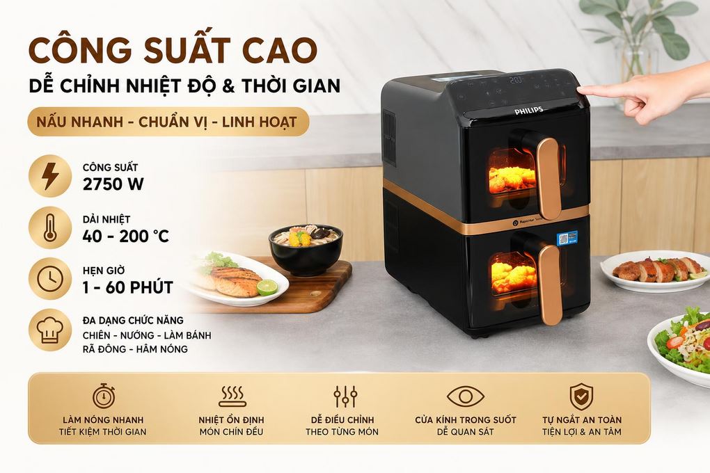 Nồi chiên không dầu Philips 10 lít NA462/70 Màu Đen