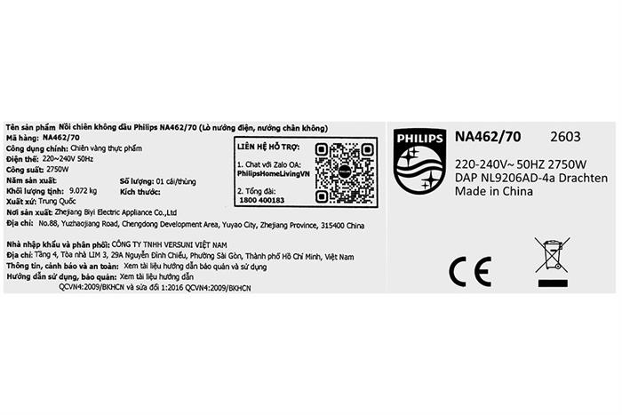 Nồi chiên không dầu Philips 10 lít NA462/70 Màu Đen