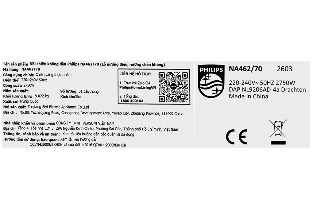Nồi chiên không dầu Philips 10 lít NA462/70 Màu Đen