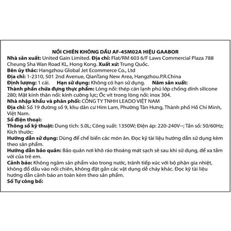 Nồi chiên không dầu Gaabor 5 lít AF-45M02A Màu Đen