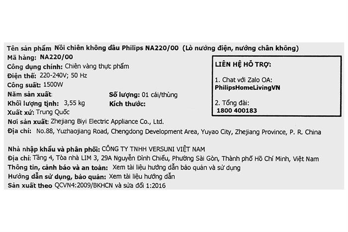Nồi chiên không dầu Philips 4.2 lít NA220/00 Màu Đen