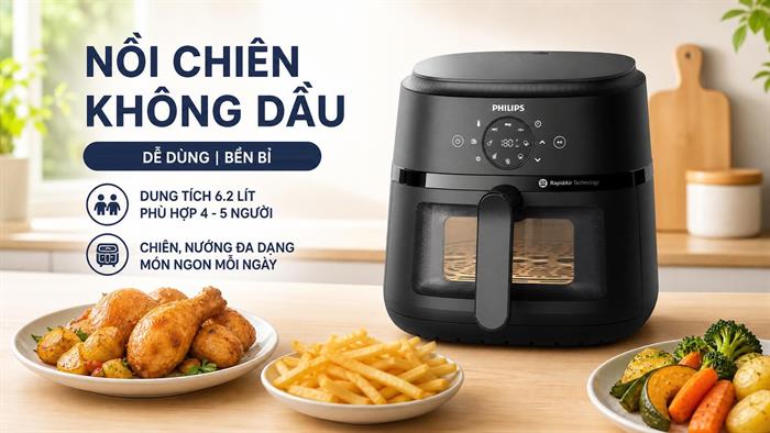 Nồi chiên không dầu Philips 6.2 lít NA230/00 Màu Đen