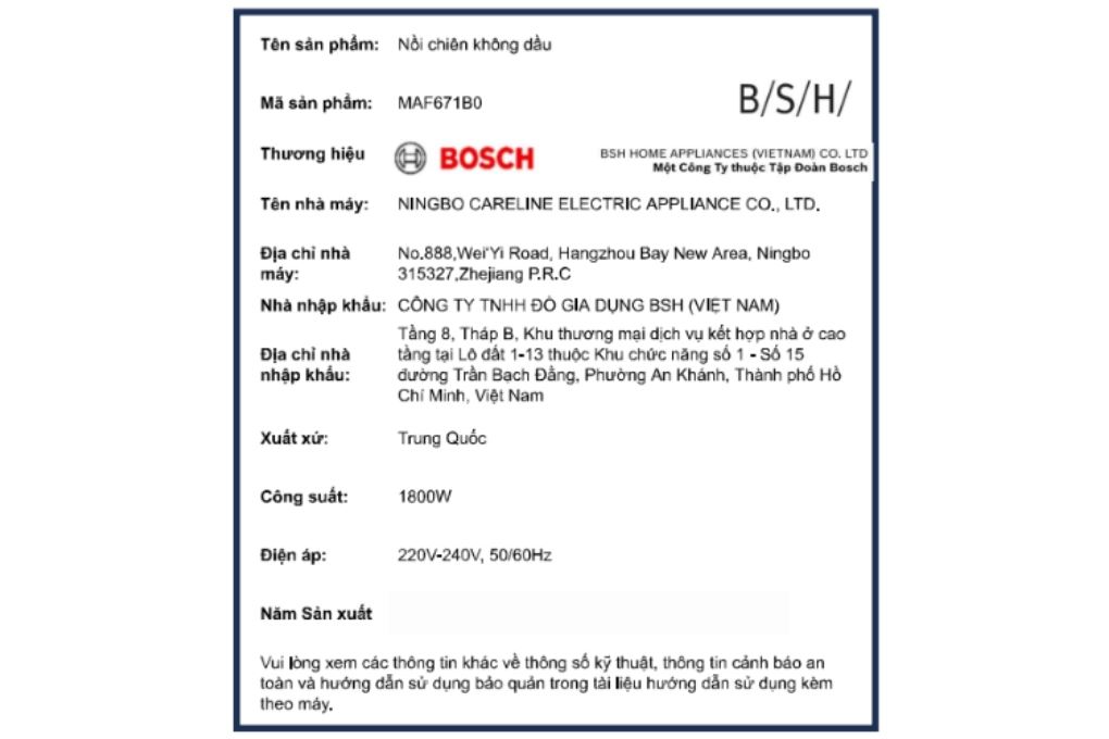 Nồi chiên không dầu Bosch 7.2 lít MAF671B0