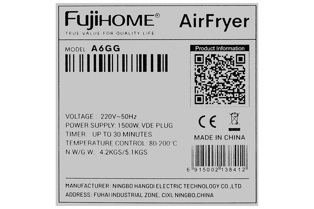 Nồi chiên không dầu FUJIHOME A6GG 6.5L Màu Đen