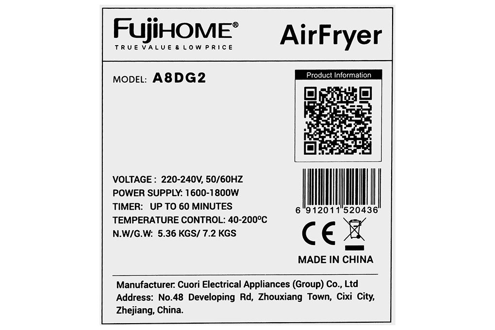 Nồi chiên không dầu FUJIHOME A8DG2 8L Màu Đen