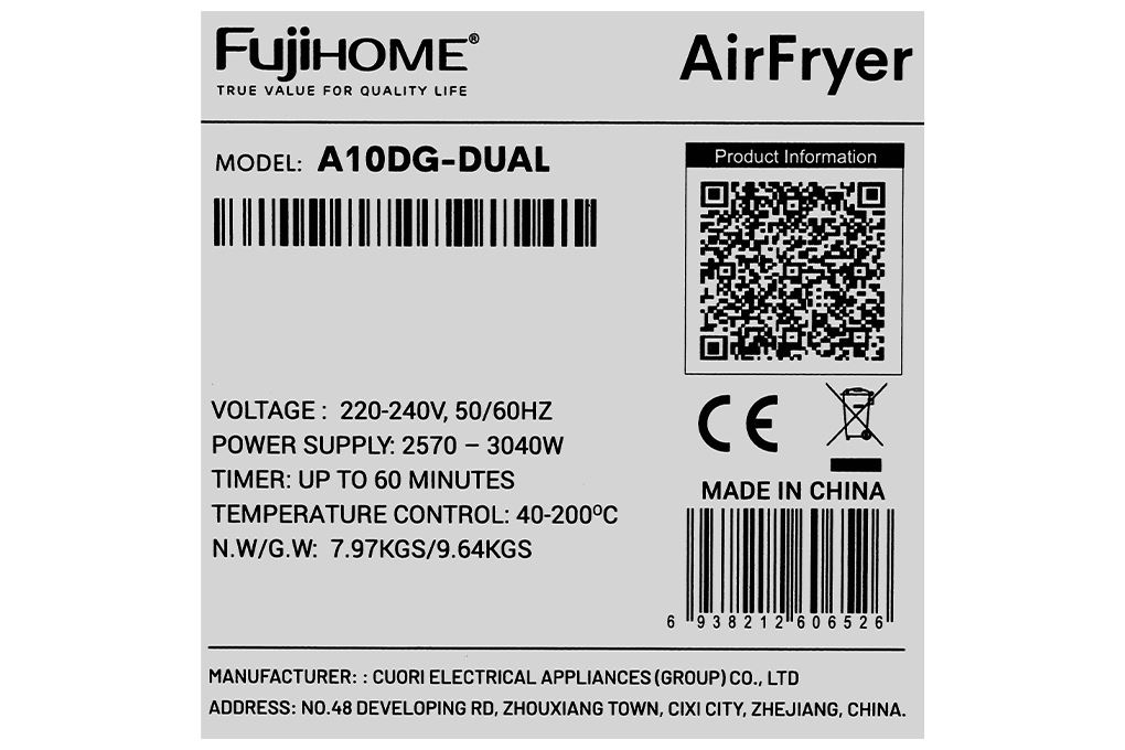 Nồi chiên không dầu FUJIHOME A10DG-DUAL 9.6L Màu Đen