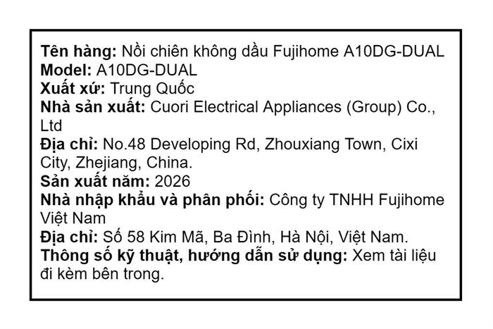 Nồi chiên không dầu FUJIHOME A10DG-DUAL 9.6L Màu Đen