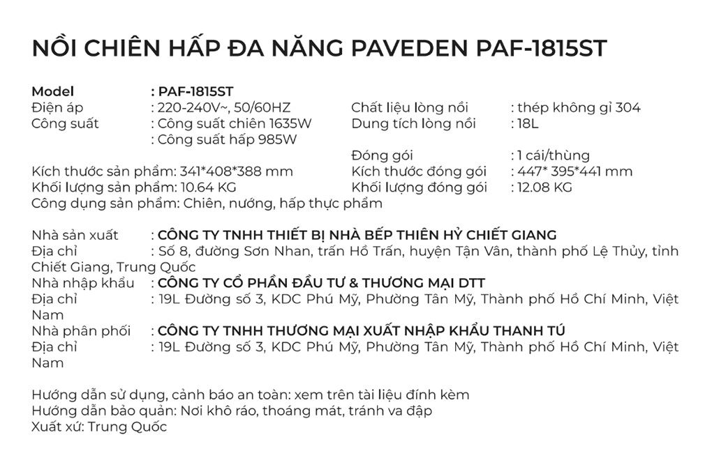 Nồi chiên không dầu kết hợp hấp PAVEDEN PAF-1815ST Màu Đen