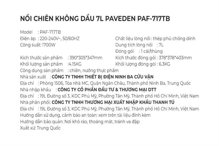Nồi chiên không dầu PAVEDEN 7 lít PAF-717TB Màu Đen
