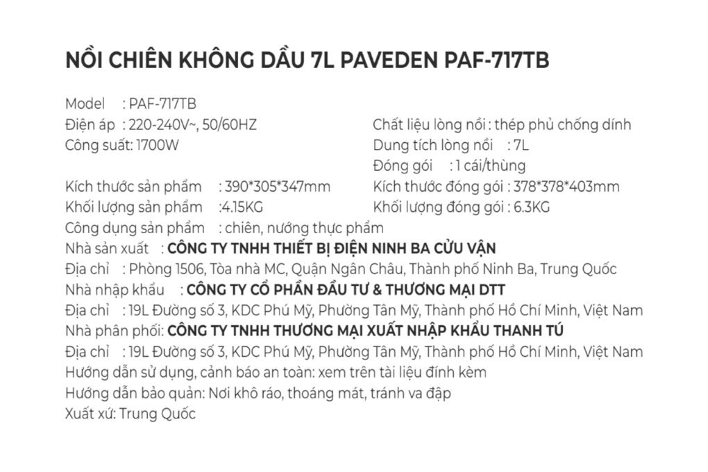 Nồi chiên không dầu PAVEDEN 7 lít PAF-717TB Màu Đen