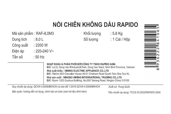 Nồi chiên không dầu Rapido 8 lít RAF-8.0M3 Màu Trắng