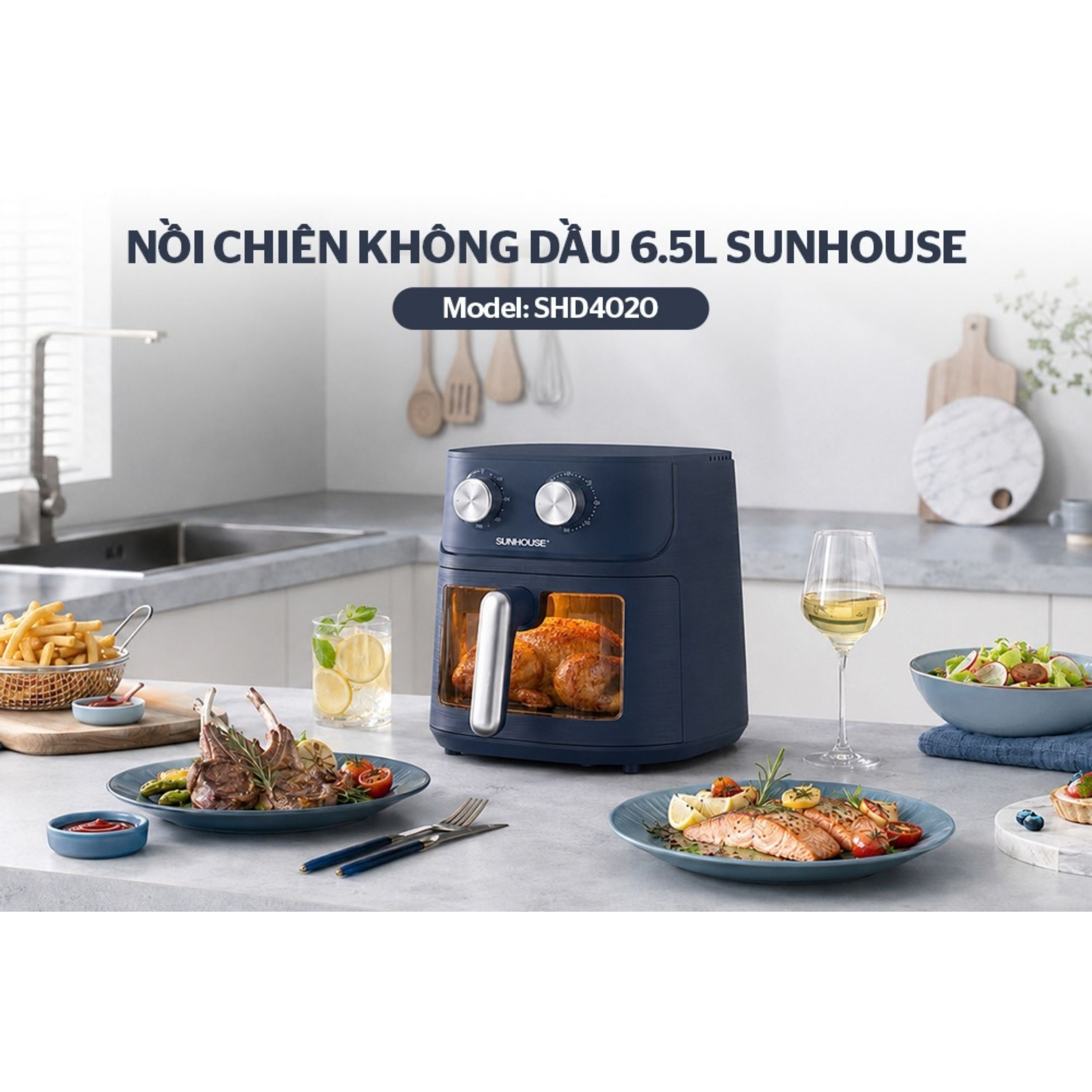 Nồi chiên không dầu Sunhouse 6.5 lít SHD4020 Màu Xanh than