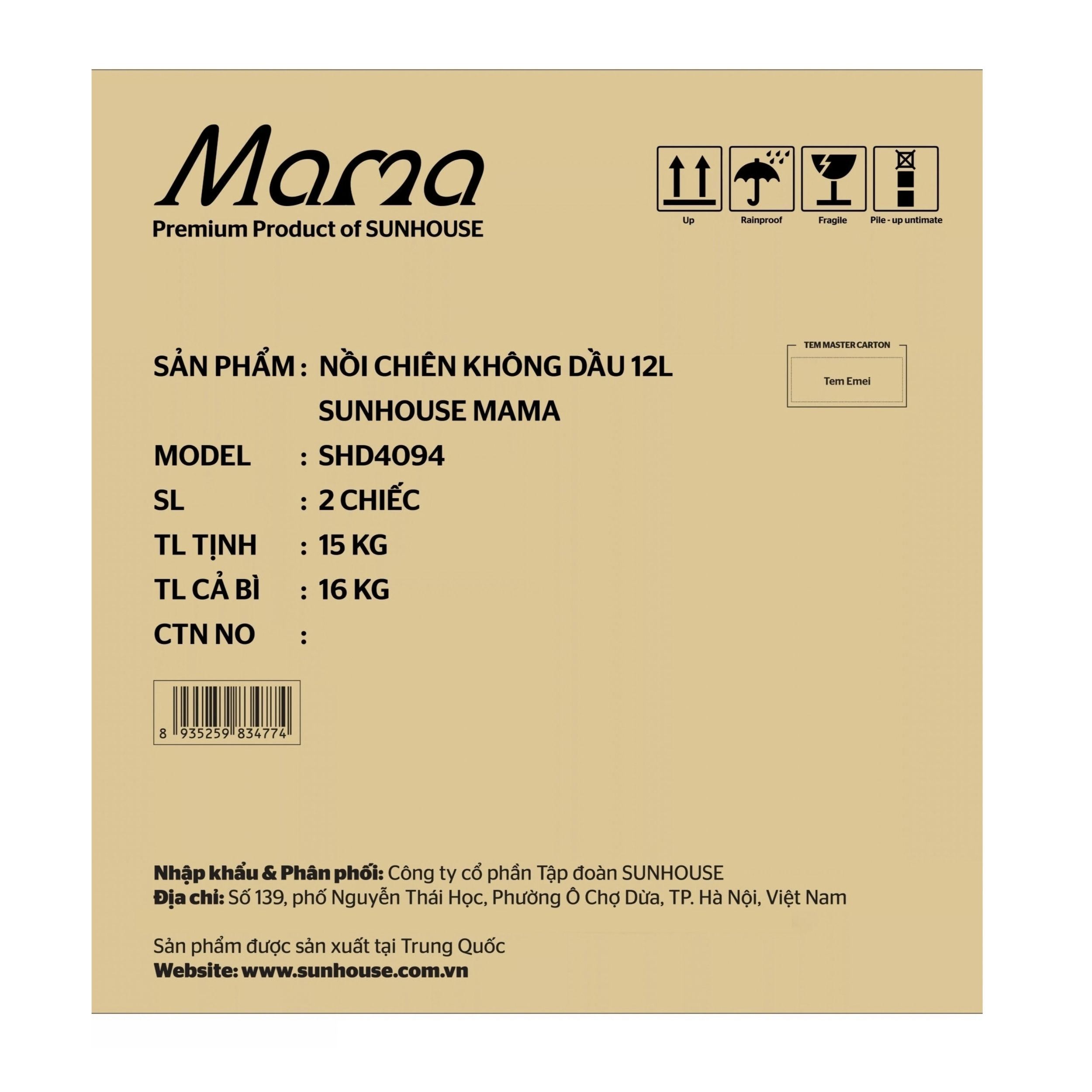 Nồi chiên không dầu Sunhouse Mama 12 lít SHD4094 Màu Bạc Inox