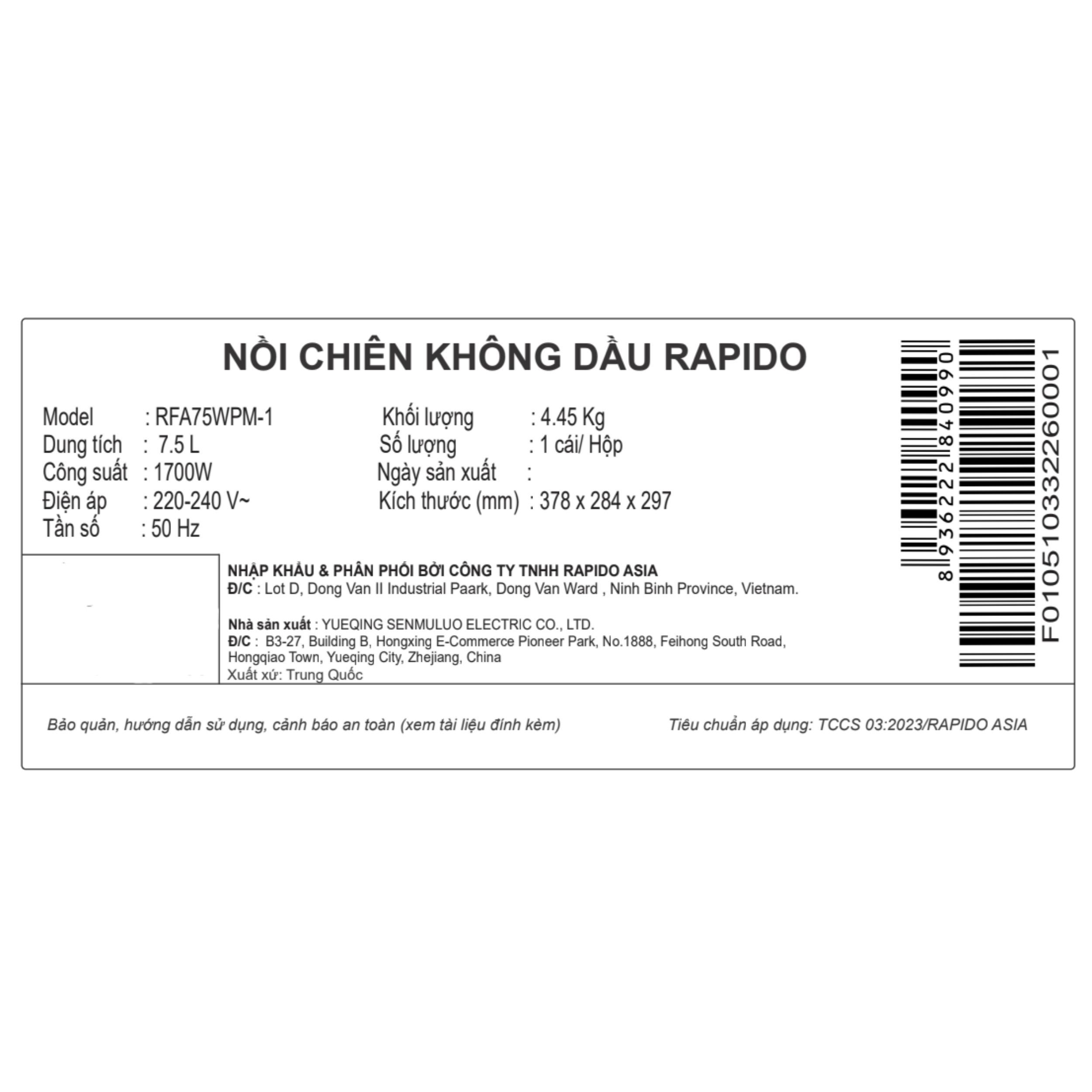 Nồi chiên không dầu Rapido 7.5 lít RFA75WPM-1 Màu Trắng