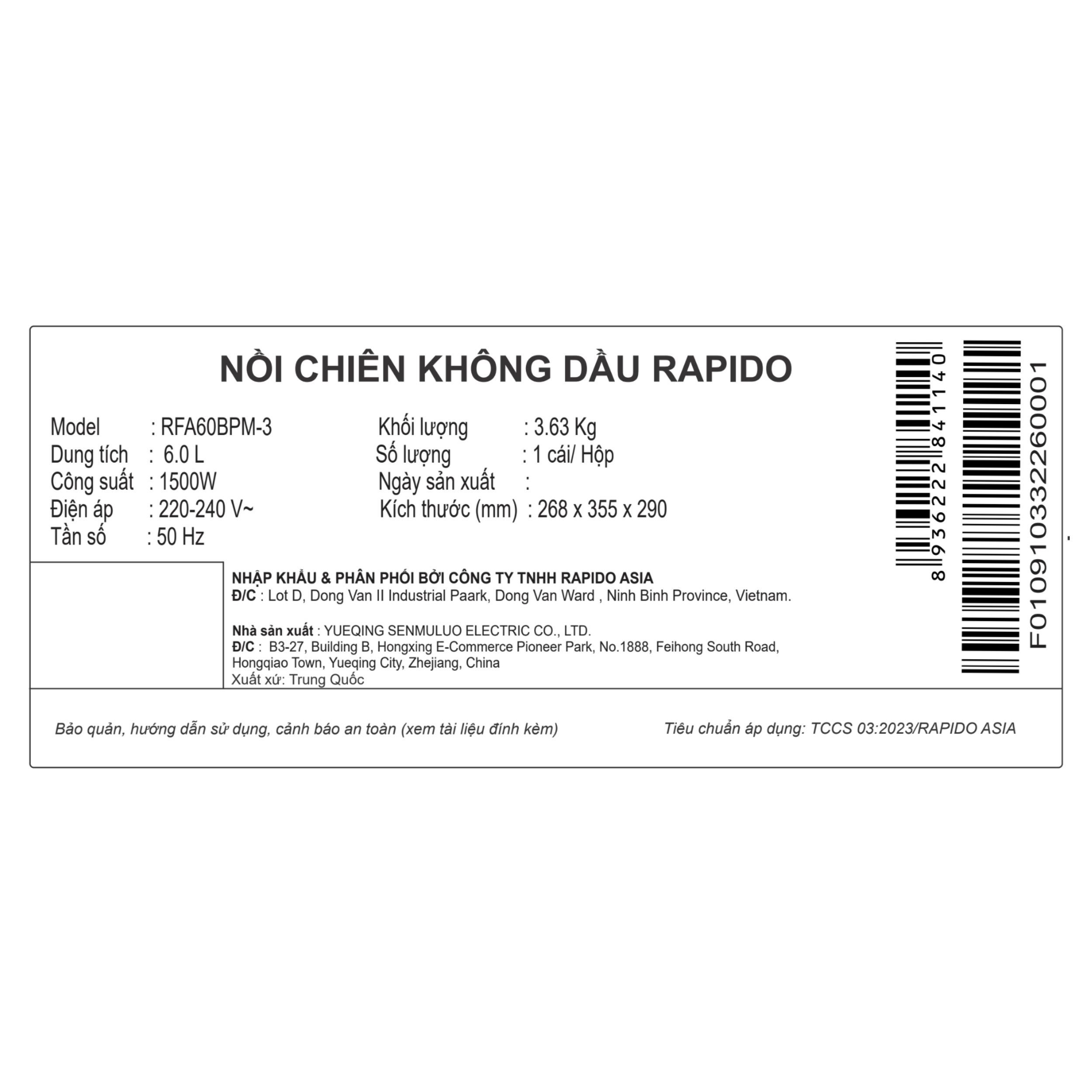 Nồi chiên không dầu Rapido 6 lít RFA60BPM-3 Màu Đen