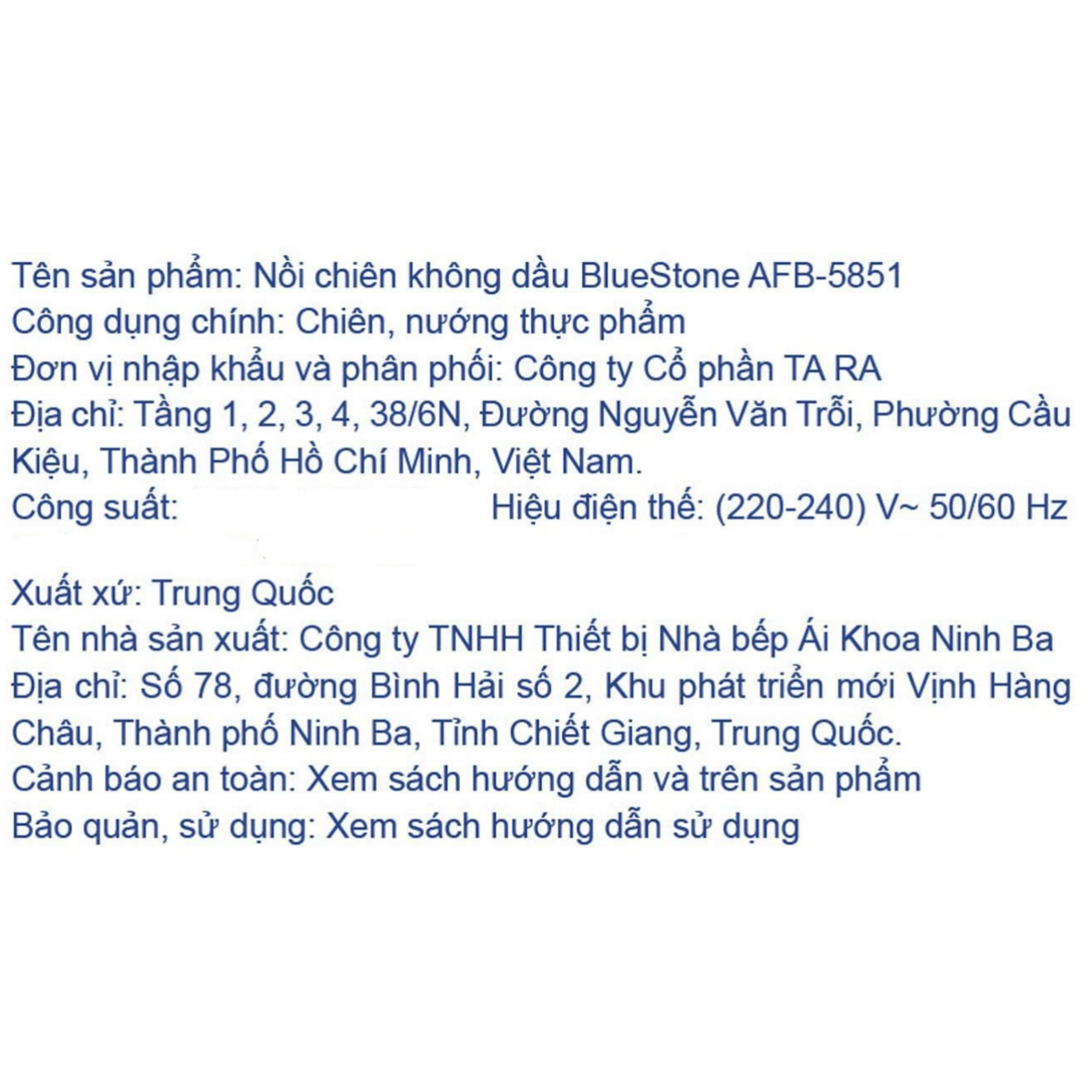 Nồi chiên không dầu BlueStone 6.5 lít AFB-5851 Màu Đen